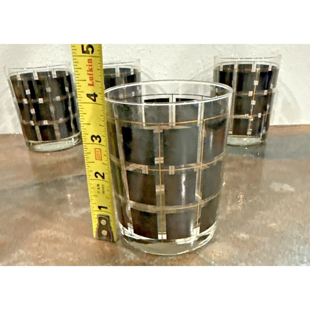 Vintage Shelton-Ware Ice Bucket & 4 Glasses MCM Black Gold Grid Barware Set NIB